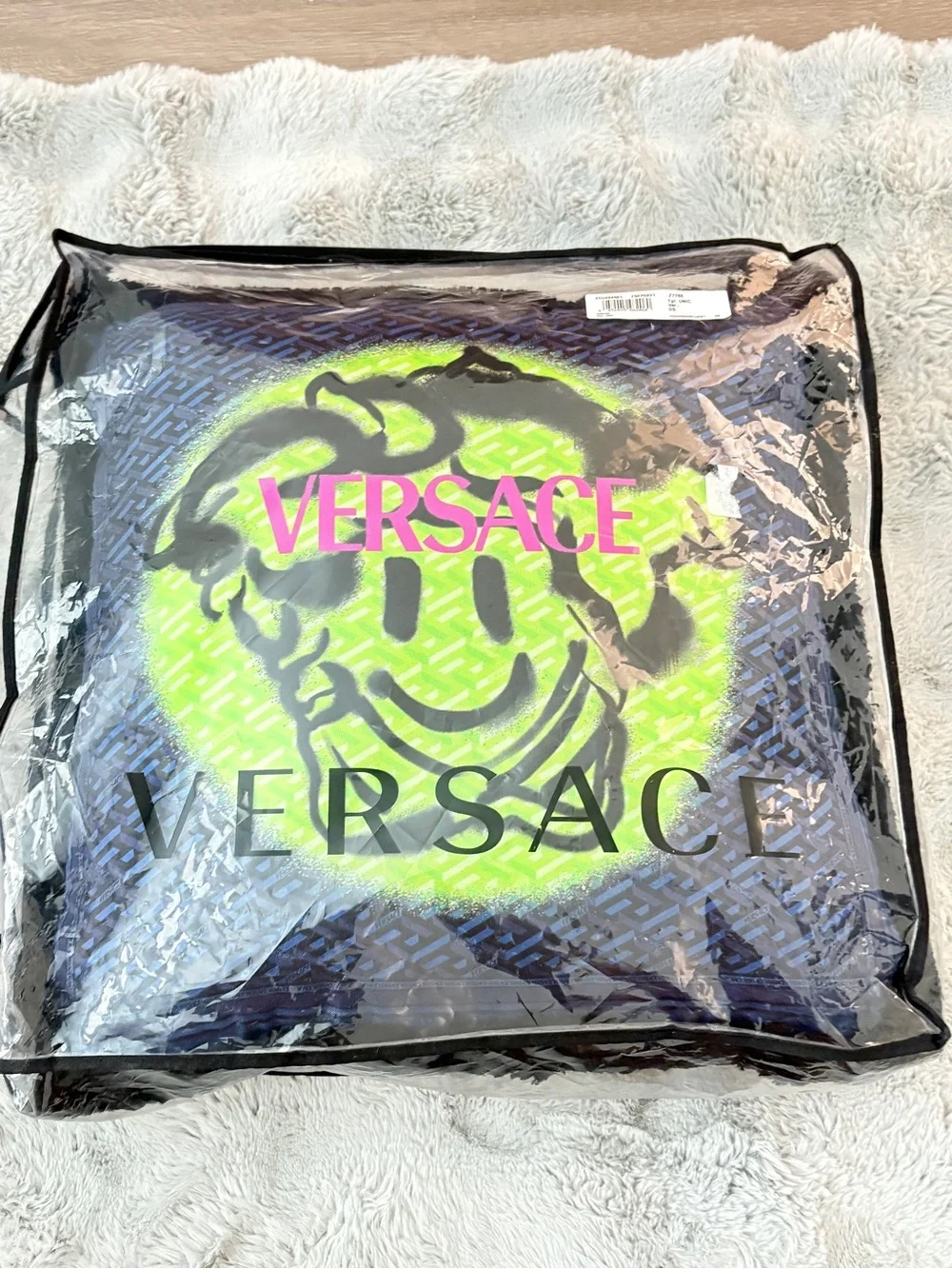 Versace Gray Pillow with Neon Lime Smiley and Pink Logo